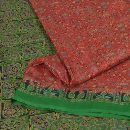 Sanskriti Vintage Sarees Red/Green Pure Silk Printed Sari Floral Craft Fabric