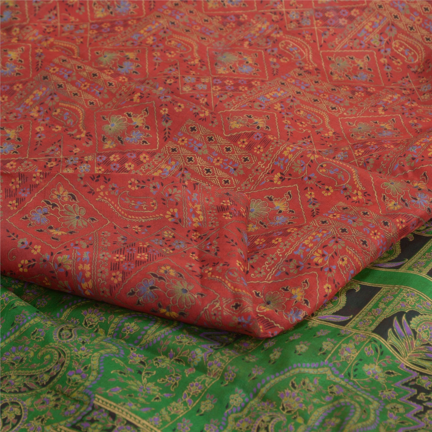 Sanskriti Vintage Sarees Red/Green Pure Silk Printed Sari Floral Craft Fabric