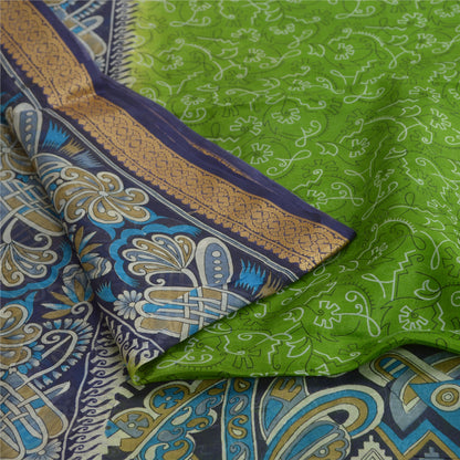 Sanskriti Vintage Sarees Green/Blue 100% Pure Silk Printed Sari 5yd Craft Fabric