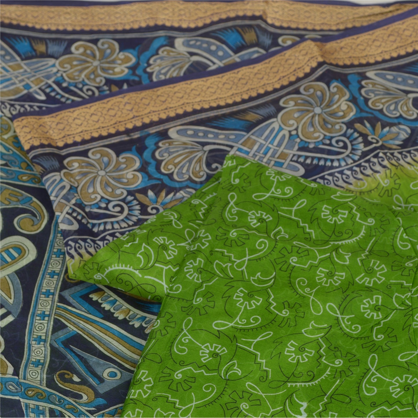 Sanskriti Vintage Sarees Green/Blue 100% Pure Silk Printed Sari 5yd Craft Fabric