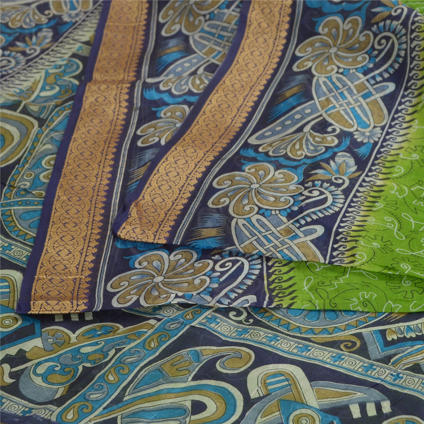 Sanskriti Vintage Sarees Green/Blue 100% Pure Silk Printed Sari 5yd Craft Fabric