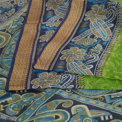 Sanskriti Vintage Sarees Green/Blue 100% Pure Silk Printed Sari 5yd Craft Fabric