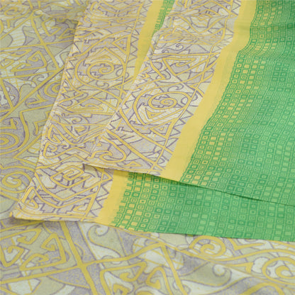 Sanskriti Vintage Sarees Green/Ivory 100% Pure Silk Printed Sari Craft Fabric