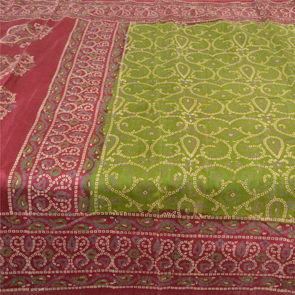 Sanskriti Vintage Sarees Green/Red Bandhani Pure Silk Printed Sari Craft Fabric