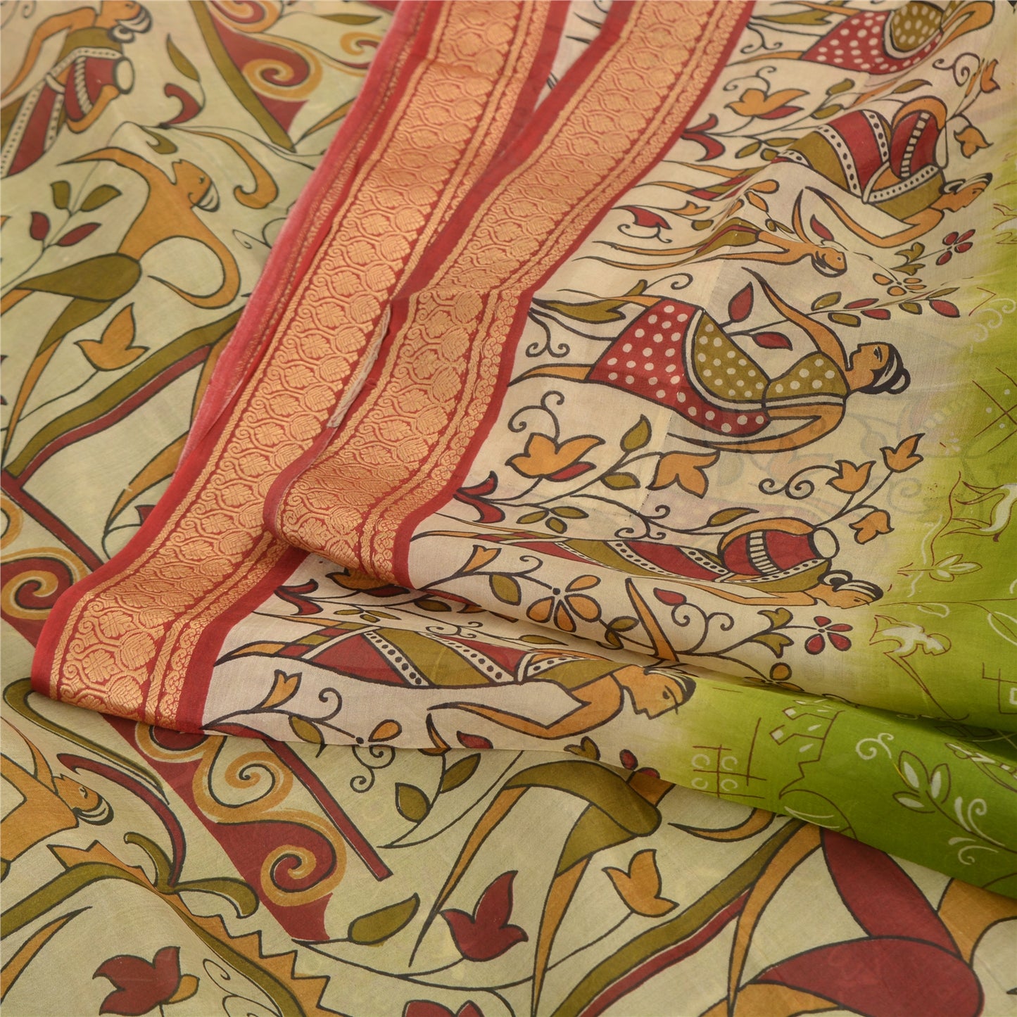 Sanskriti Vintage Sarees Indian Green Pure Silk Human Printed Sari Craft Fabric