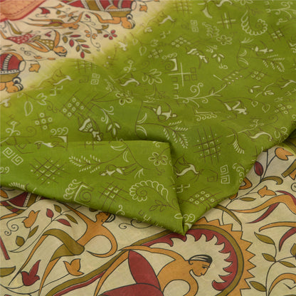 Sanskriti Vintage Sarees Indian Green Pure Silk Human Printed Sari Craft Fabric