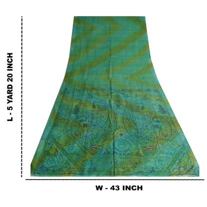 Sanskriti Vintage Sarees Green 100% Pure Silk Printed Sari 5yd Soft Craft Fabric