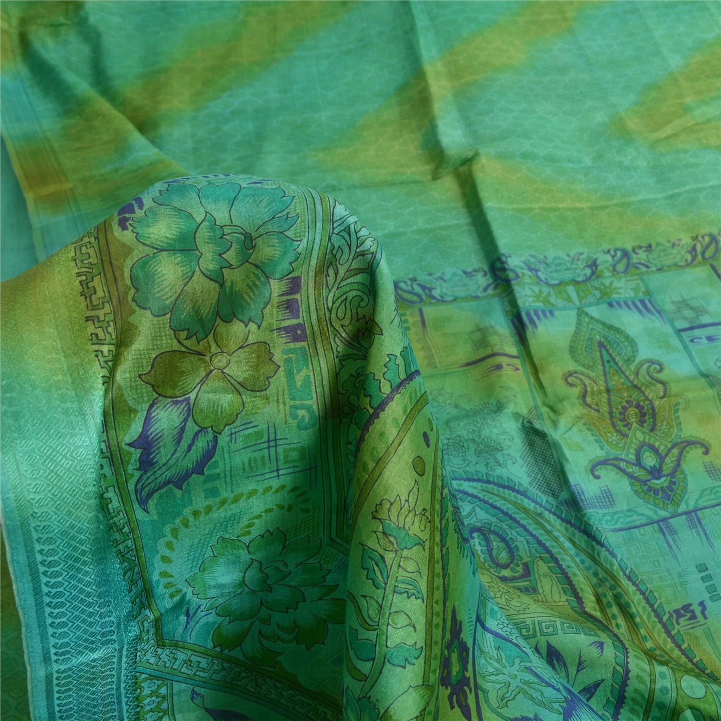 Sanskriti Vintage Sarees Green 100% Pure Silk Printed Sari 5yd Soft Craft Fabric