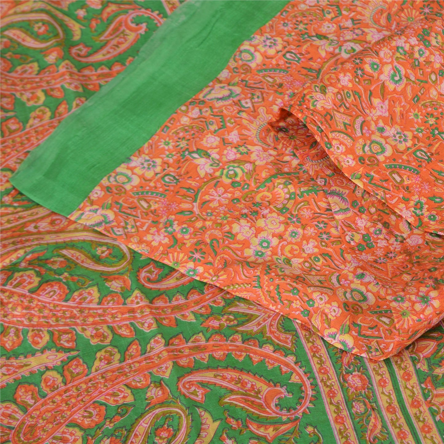 Sanskriti Vintage Sarees Orange/Green Pure Silk Printed Sari 5yd Craft Fabric