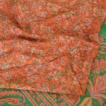 Sanskriti Vintage Sarees Orange/Green Pure Silk Printed Sari 5yd Craft Fabric