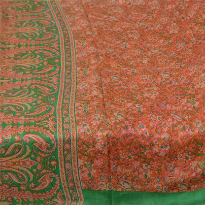 Sanskriti Vintage Sarees Orange/Green Pure Silk Printed Sari 5yd Craft Fabric