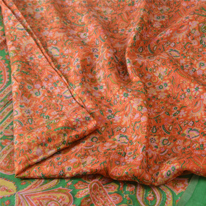 Sanskriti Vintage Sarees Orange/Green Pure Silk Printed Sari 5yd Craft Fabric