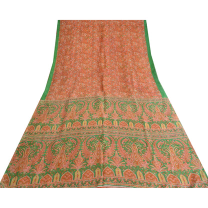 Sanskriti Vintage Sarees Orange/Green Pure Silk Printed Sari 5yd Craft Fabric