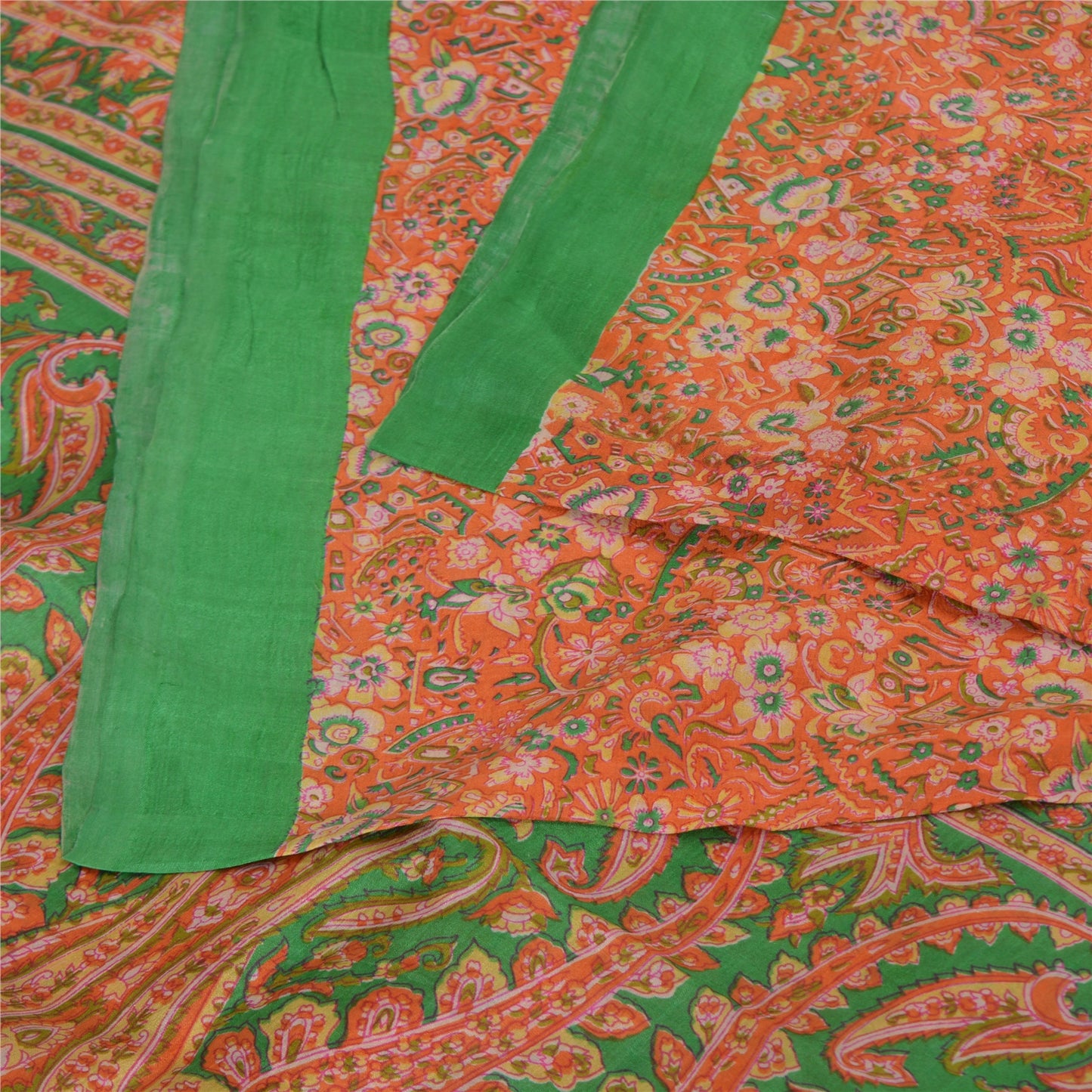 Sanskriti Vintage Sarees Orange/Green Pure Silk Printed Sari 5yd Craft Fabric