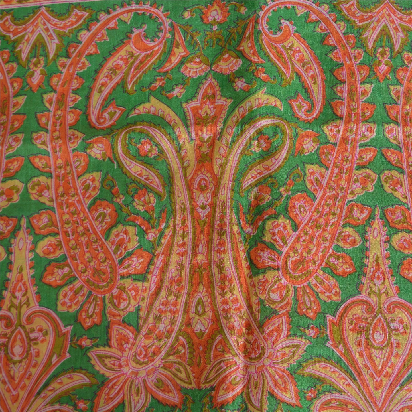 Sanskriti Vintage Sarees Orange/Green Pure Silk Printed Sari 5yd Craft Fabric