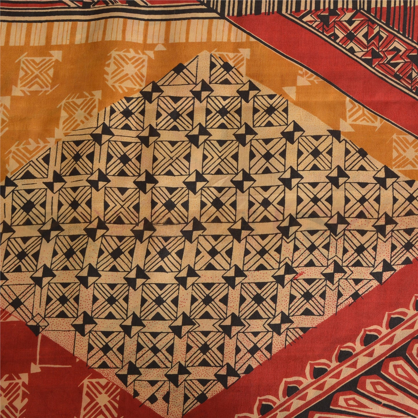 Sanskriti Vintage Sarees Beige Pure Silk Geometric Printed Sari 5yd Craft Fabric