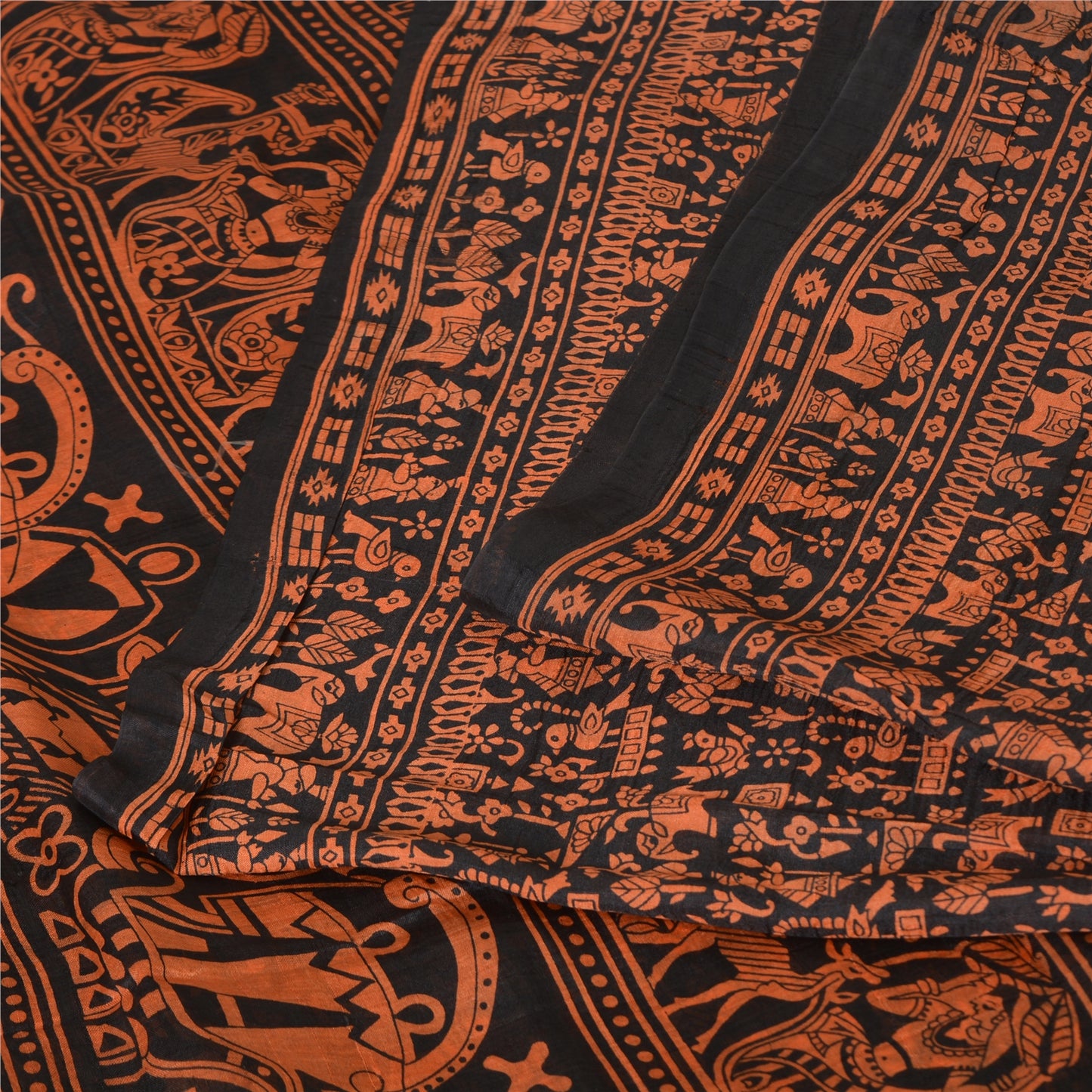 Sanskriti Vintage Sarees Black/Orange Pure Silk Printed Sari 5yd Craft Fabric