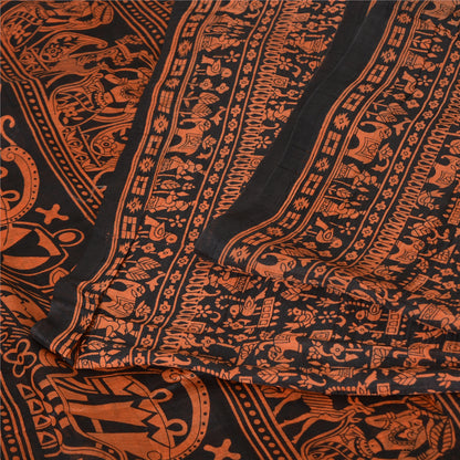 Sanskriti Vintage Sarees Black/Orange Pure Silk Printed Sari 5yd Craft Fabric