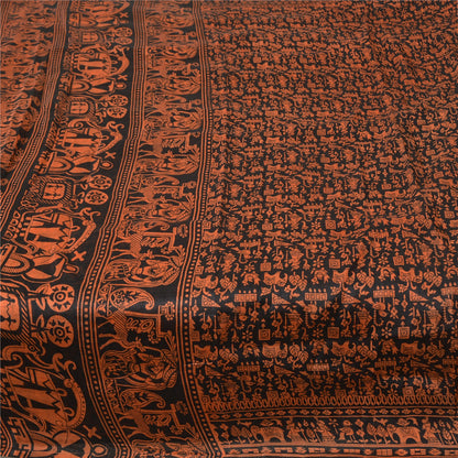 Sanskriti Vintage Sarees Black/Orange Pure Silk Printed Sari 5yd Craft Fabric