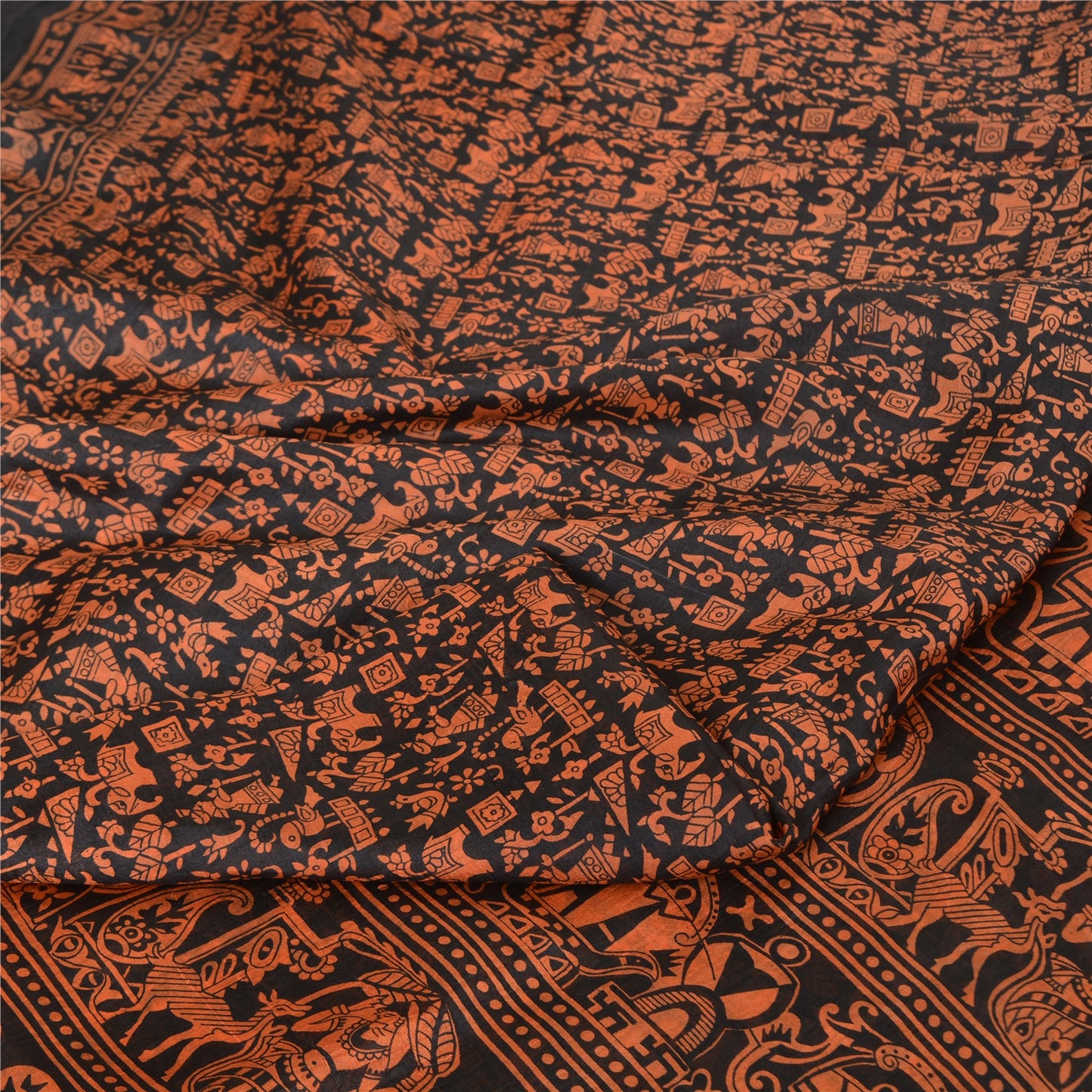 Sanskriti Vintage Sarees Black/Orange Pure Silk Printed Sari 5yd Craft Fabric