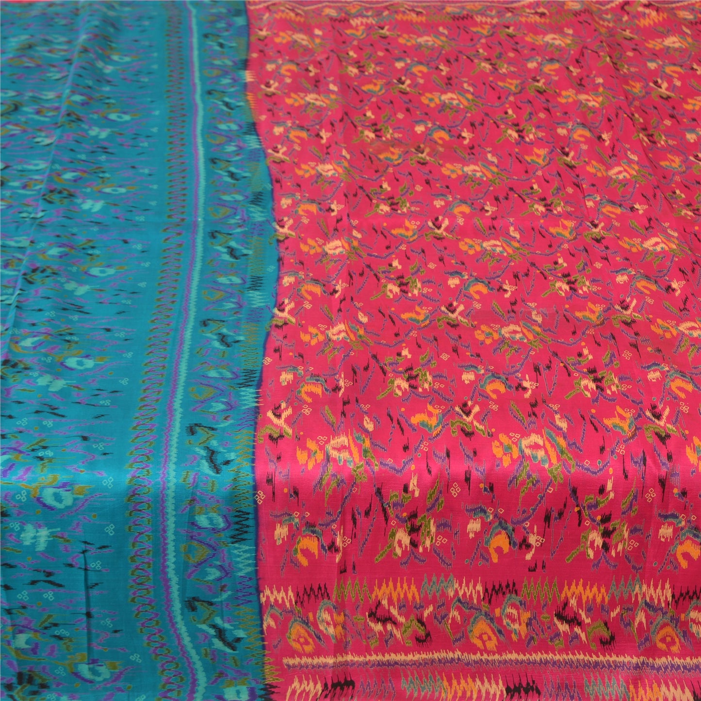 Sanskriti Vintage Sarees Indian Pink/Blue Pure Silk Printed Sari Craft Fabric