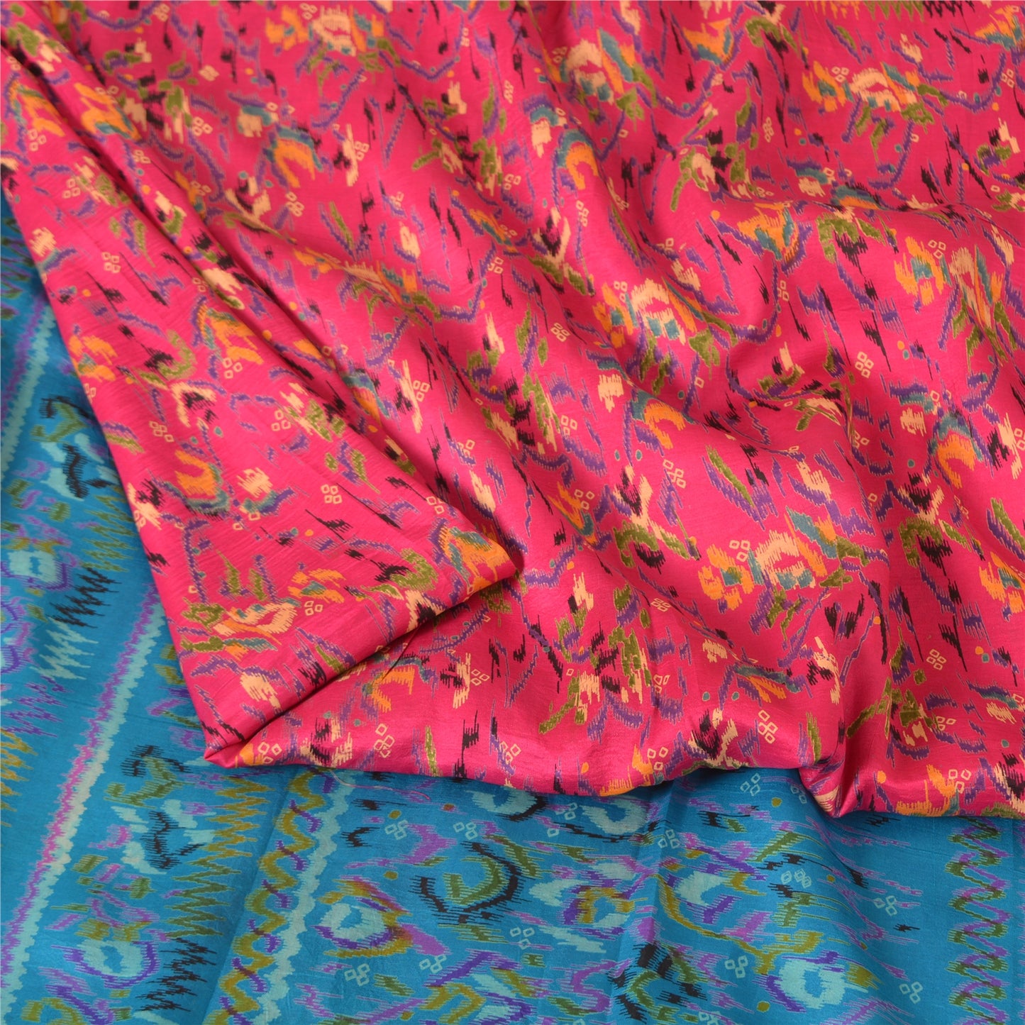 Sanskriti Vintage Sarees Indian Pink/Blue Pure Silk Printed Sari Craft Fabric