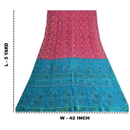 Sanskriti Vintage Sarees Indian Pink/Blue Pure Silk Printed Sari Craft Fabric