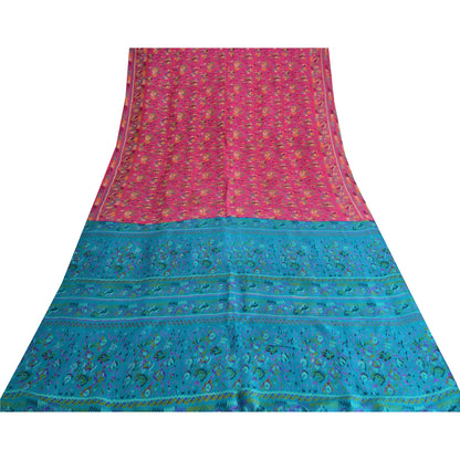 Sanskriti Vintage Sarees Indian Pink/Blue Pure Silk Printed Sari Craft Fabric