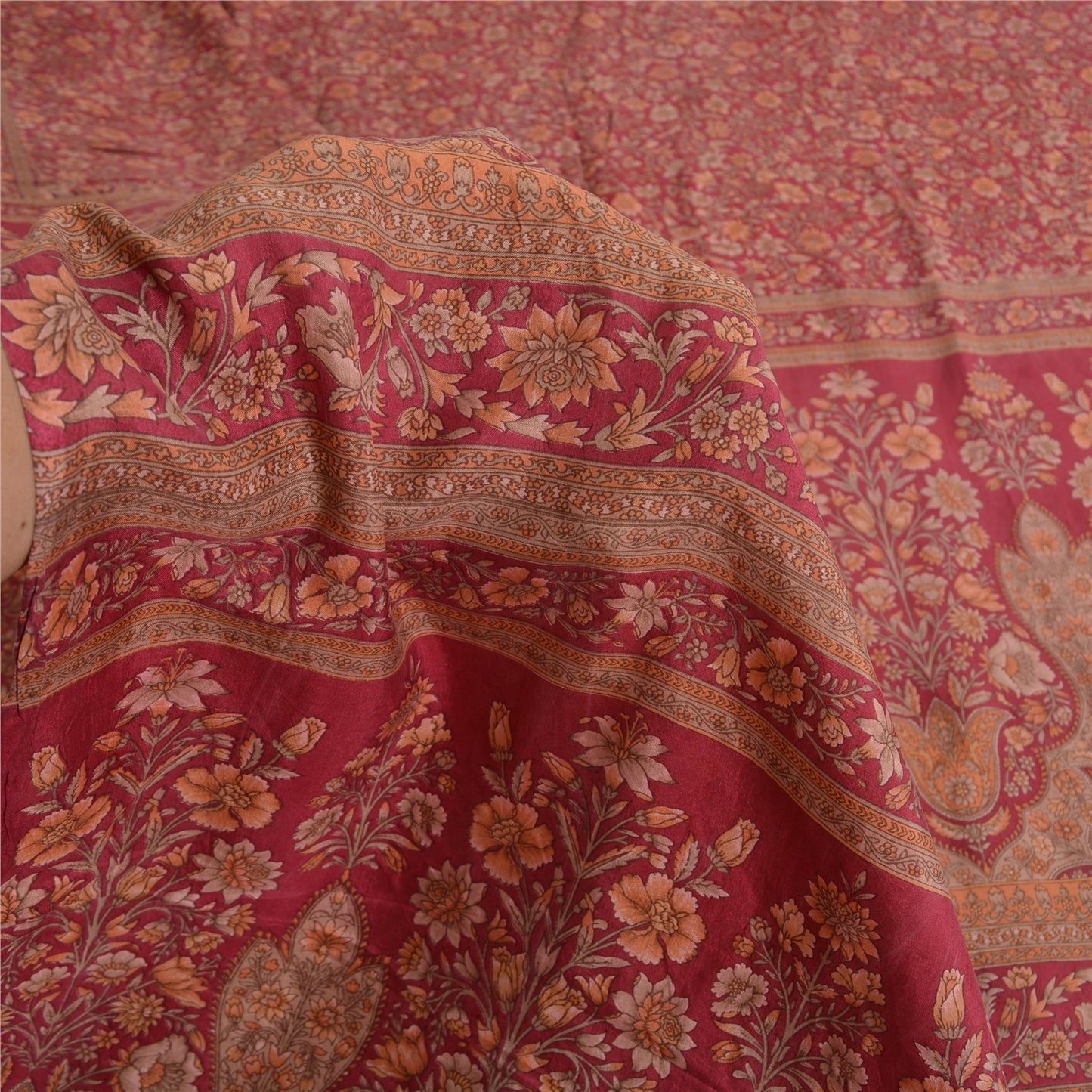 Sanskriti Vintage Sarees Red Quilting Felting Craft Fabric Pure Silk Print Sari