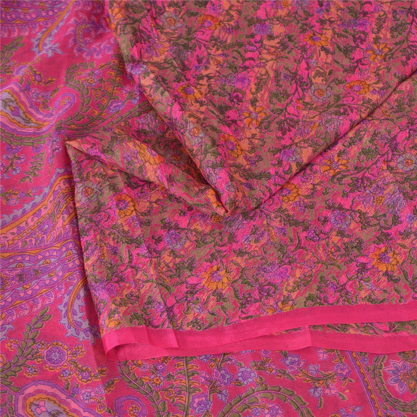 Sanskriti Vintage Sarees Indian Hot-Pink Pure Silk Printed Sari 5yd Craft Fabric