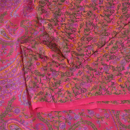 Sanskriti Vintage Sarees Indian Hot-Pink Pure Silk Printed Sari 5yd Craft Fabric