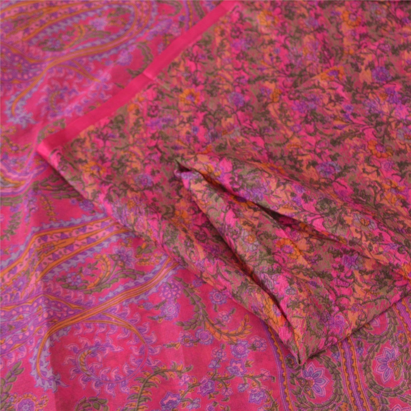 Sanskriti Vintage Sarees Indian Hot-Pink Pure Silk Printed Sari 5yd Craft Fabric