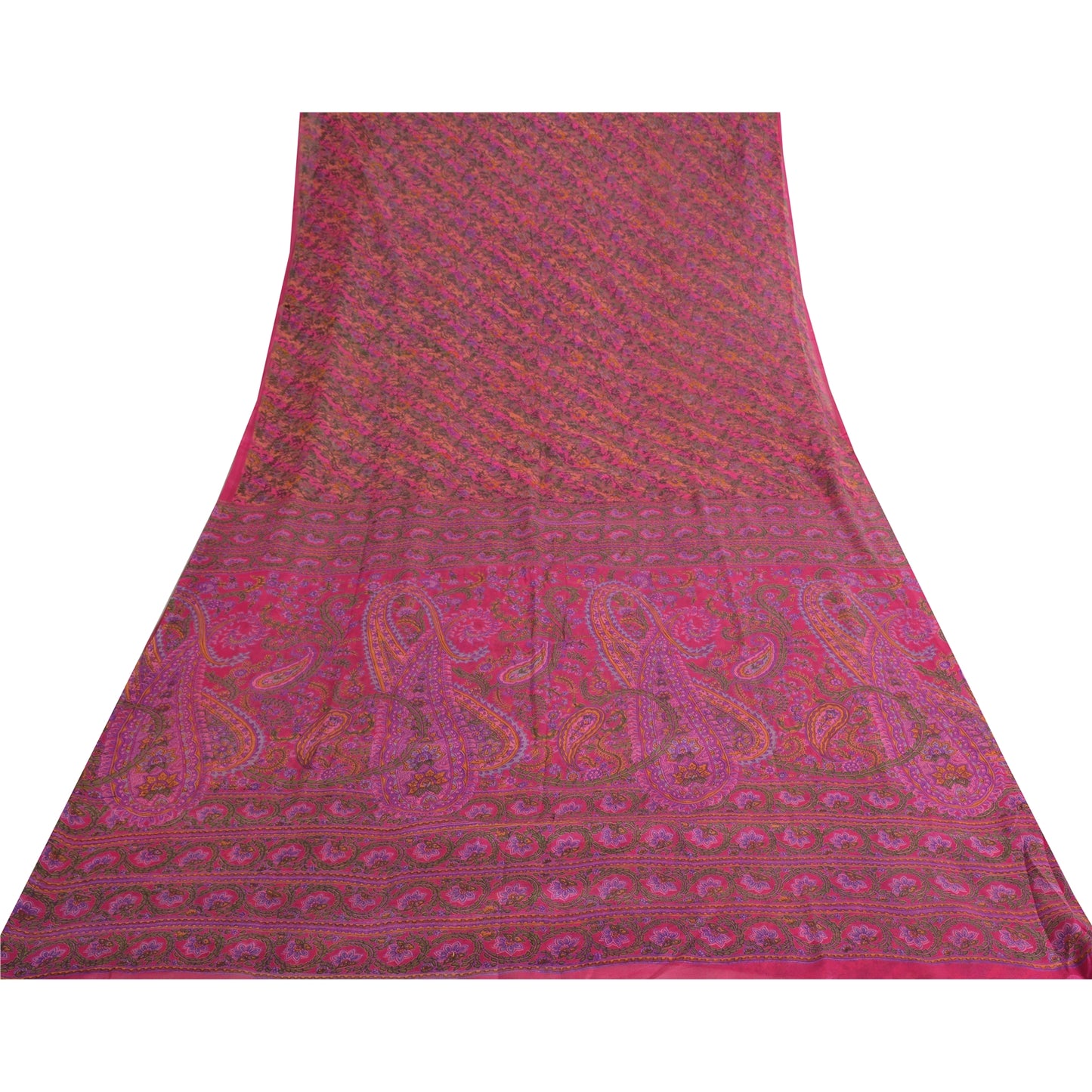 Sanskriti Vintage Sarees Indian Hot-Pink Pure Silk Printed Sari 5yd Craft Fabric