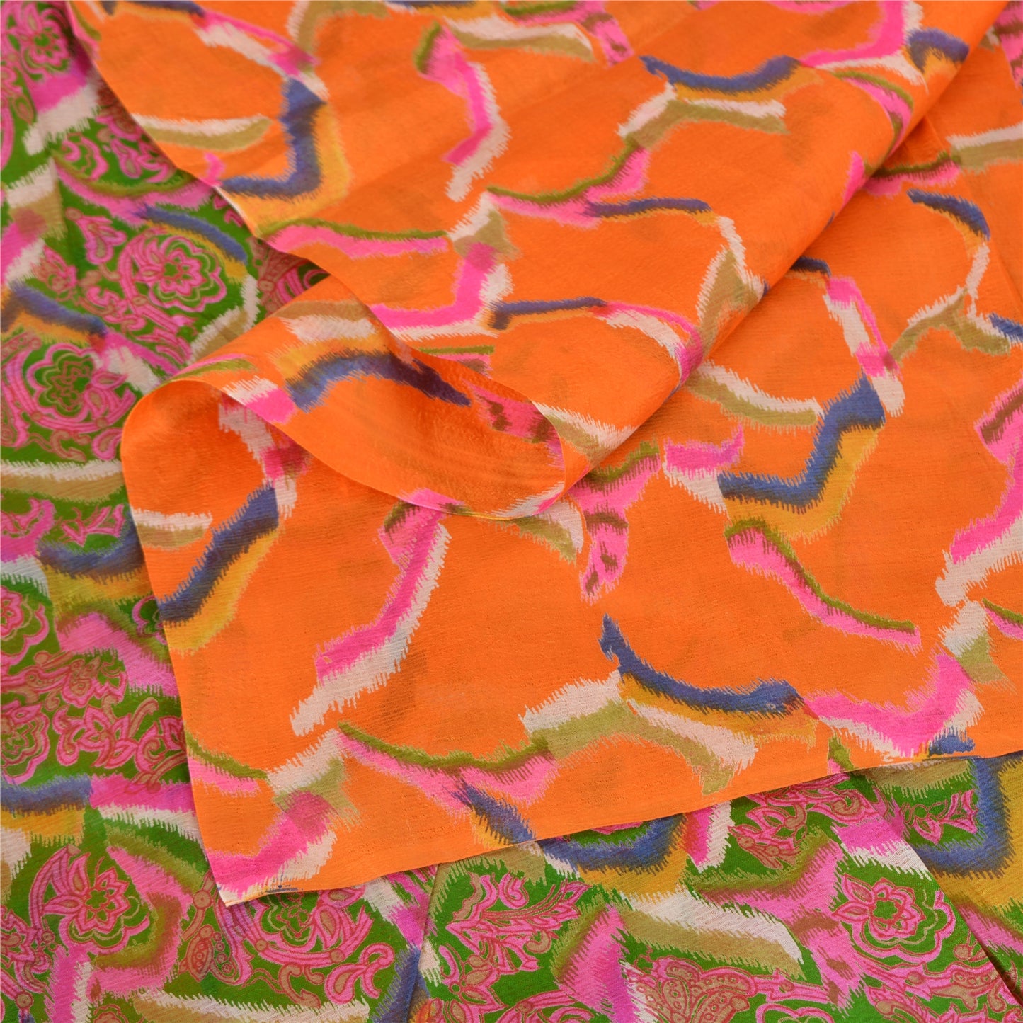 Sanskriti Vintage Sarees From India Orange Pure Silk Printed Sari Craft Fabric