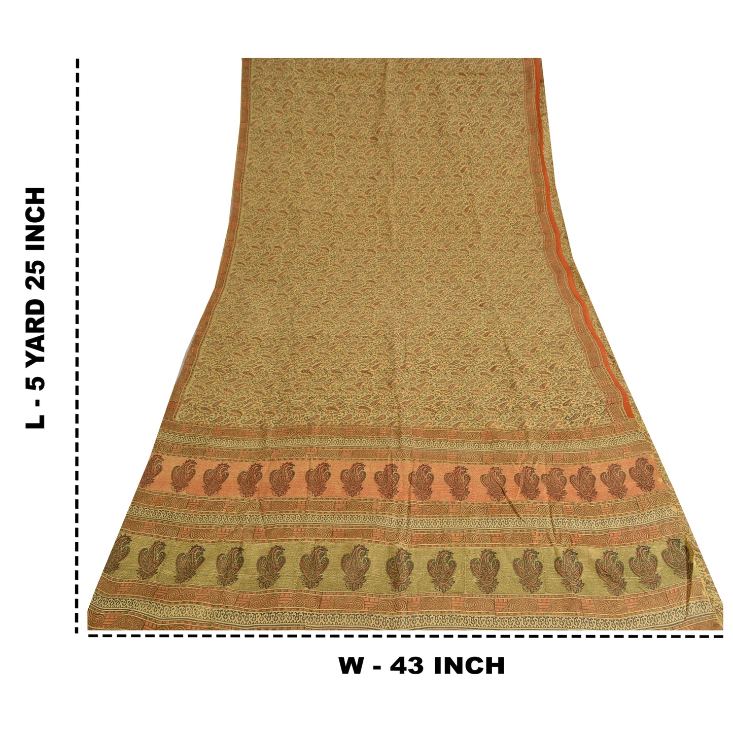 Sanskriti Vintage Sarees Indian Cream Pure Silk Printed Sari 5yd Craft Fabric