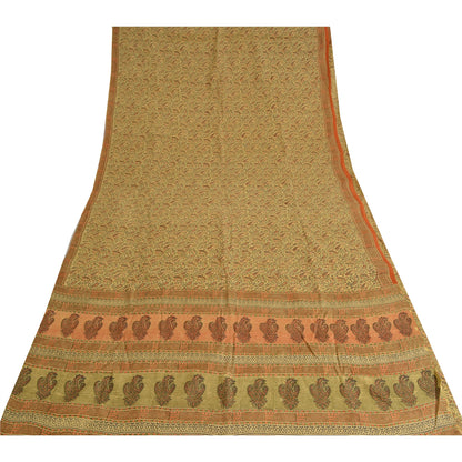 Sanskriti Vintage Sarees Indian Cream Pure Silk Printed Sari 5yd Craft Fabric