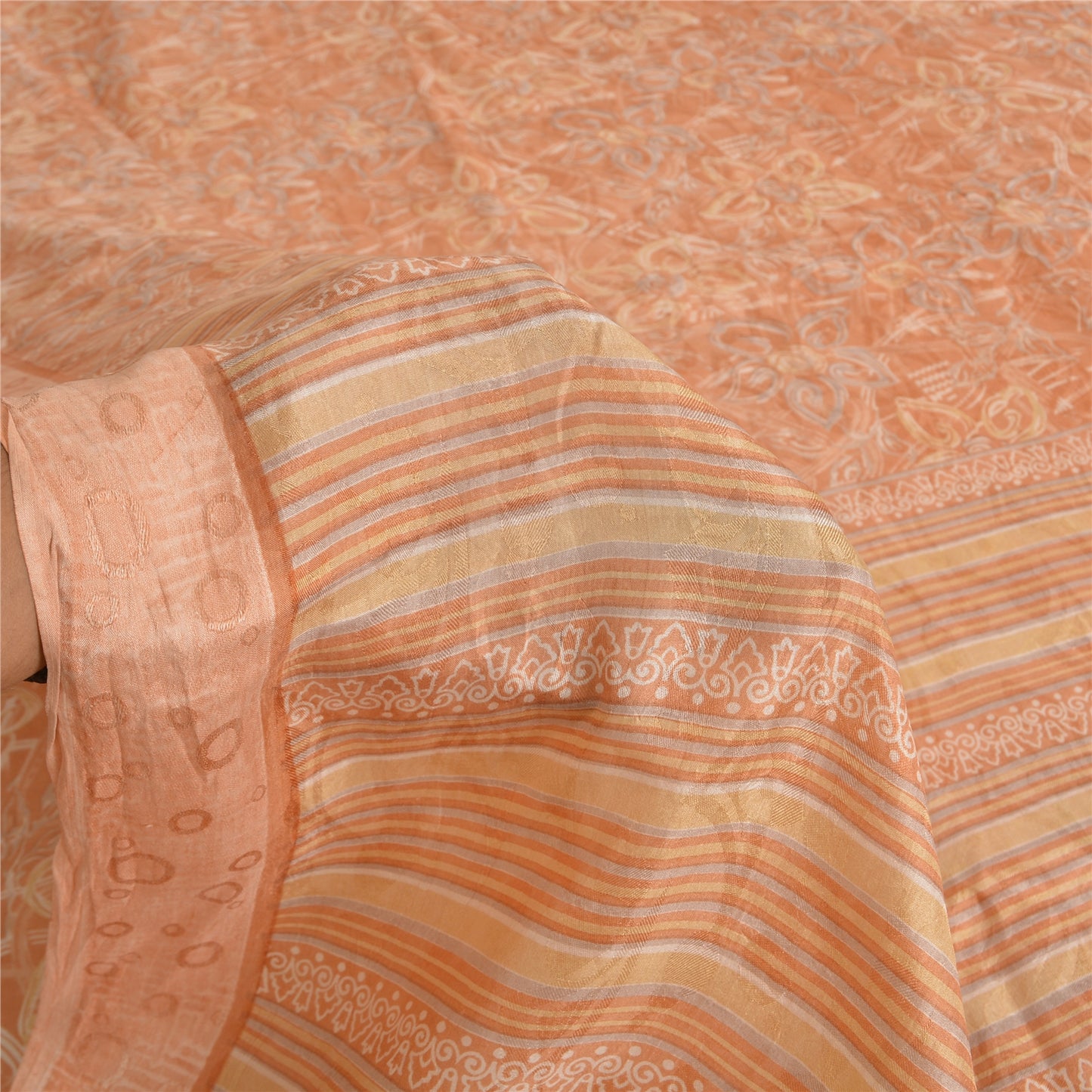 Sanskriti Vintage Sarees Peach 100% Pure Silk Printed Sari Floral Craft Fabric