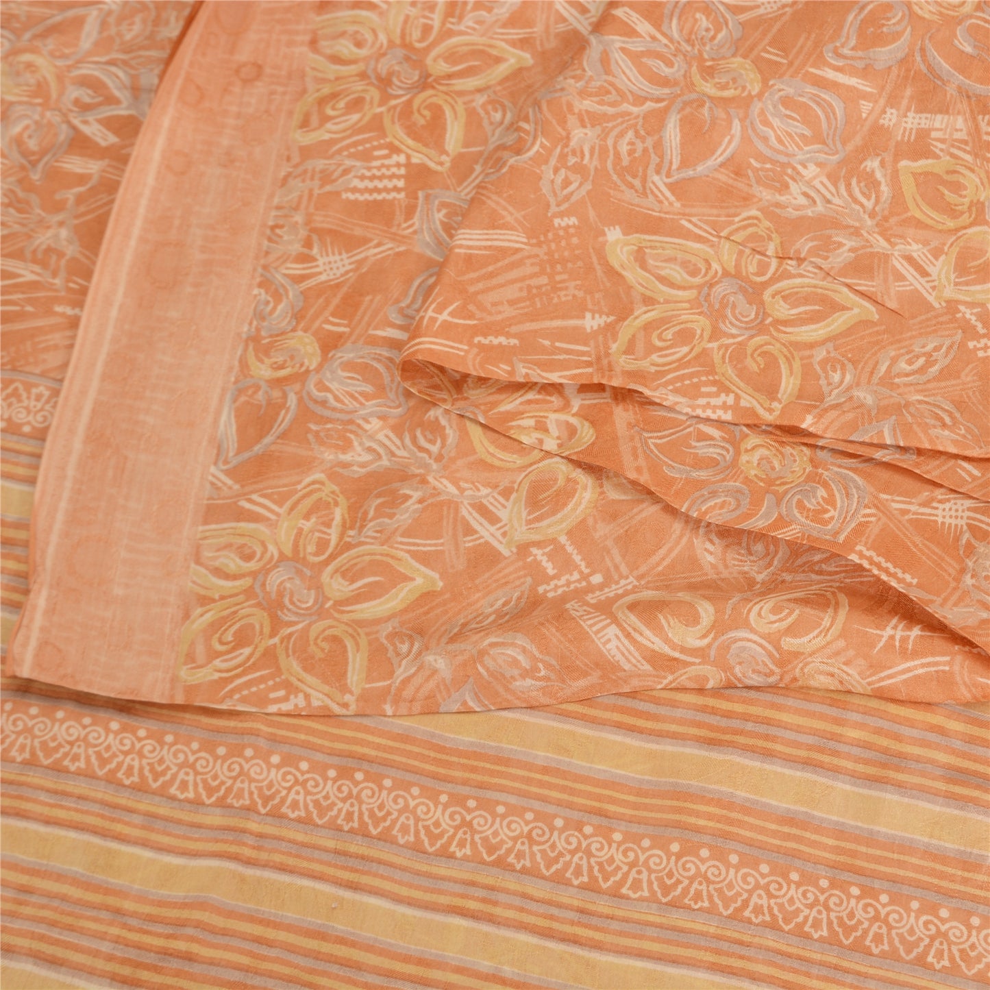 Sanskriti Vintage Sarees Peach 100% Pure Silk Printed Sari Floral Craft Fabric