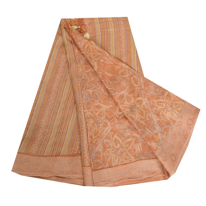 Sanskriti Vintage Sarees Peach 100% Pure Silk Printed Sari Floral Craft Fabric