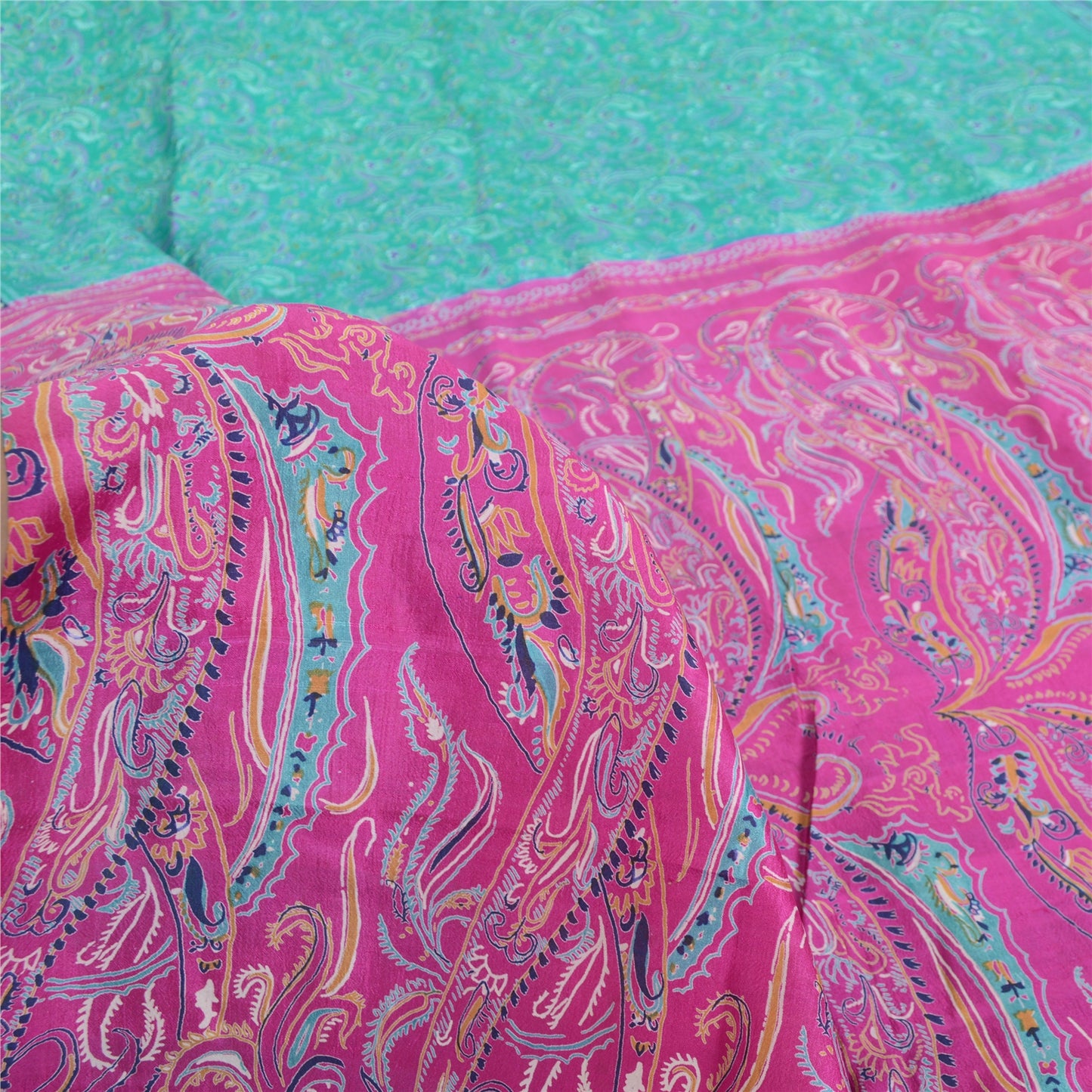 Sanskriti Vintage Sarees Green/Pink 100% Pure Silk Printed Sari 5yd Craft Fabric