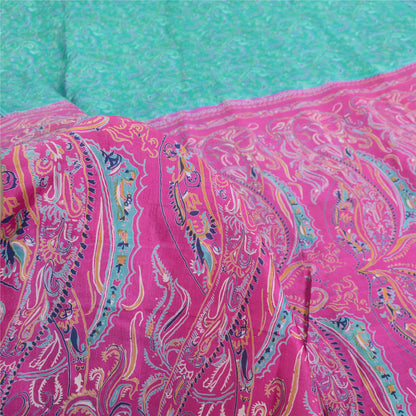 Sanskriti Vintage Sarees Green/Pink 100% Pure Silk Printed Sari 5yd Craft Fabric