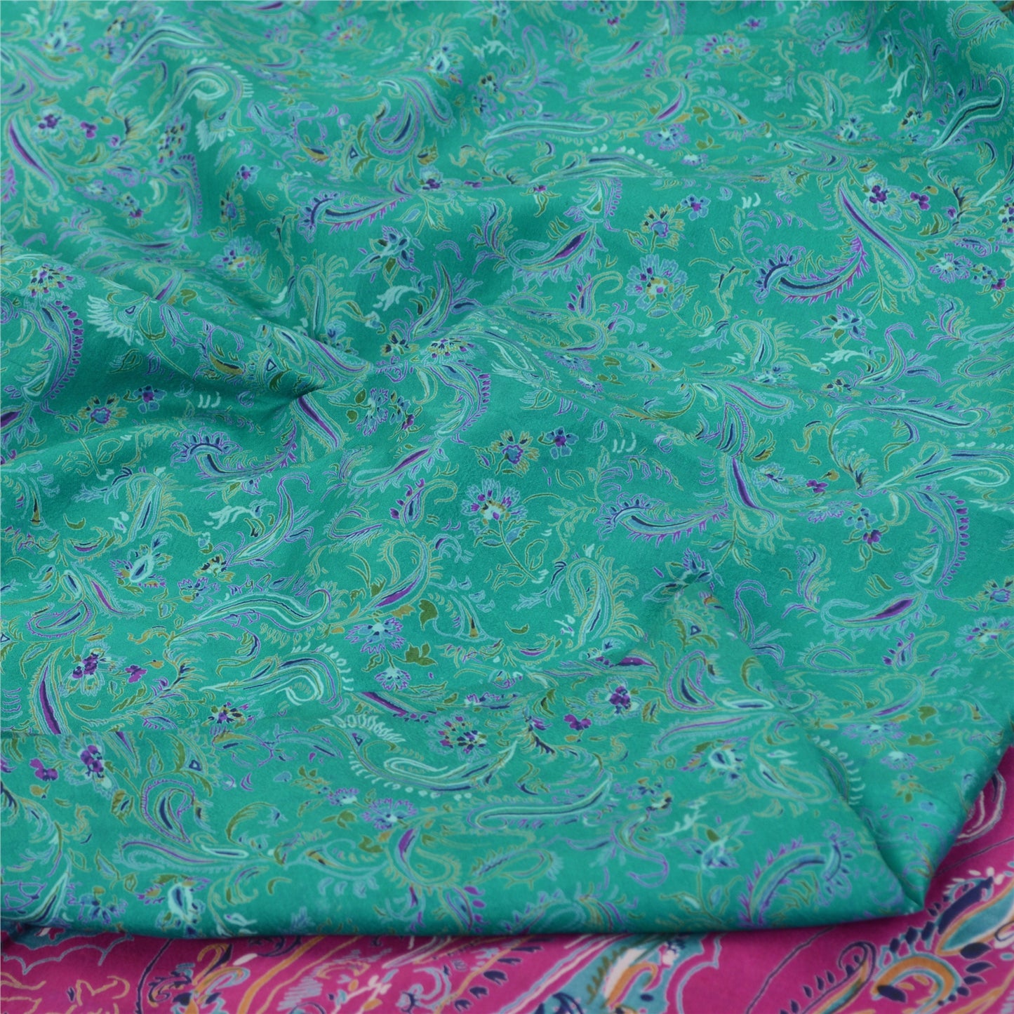 Sanskriti Vintage Sarees Green/Pink 100% Pure Silk Printed Sari 5yd Craft Fabric