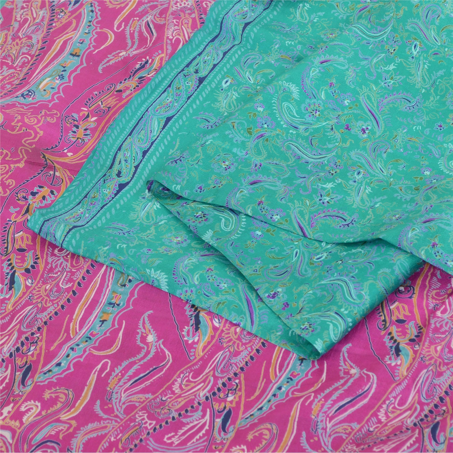 Sanskriti Vintage Sarees Green/Pink 100% Pure Silk Printed Sari 5yd Craft Fabric