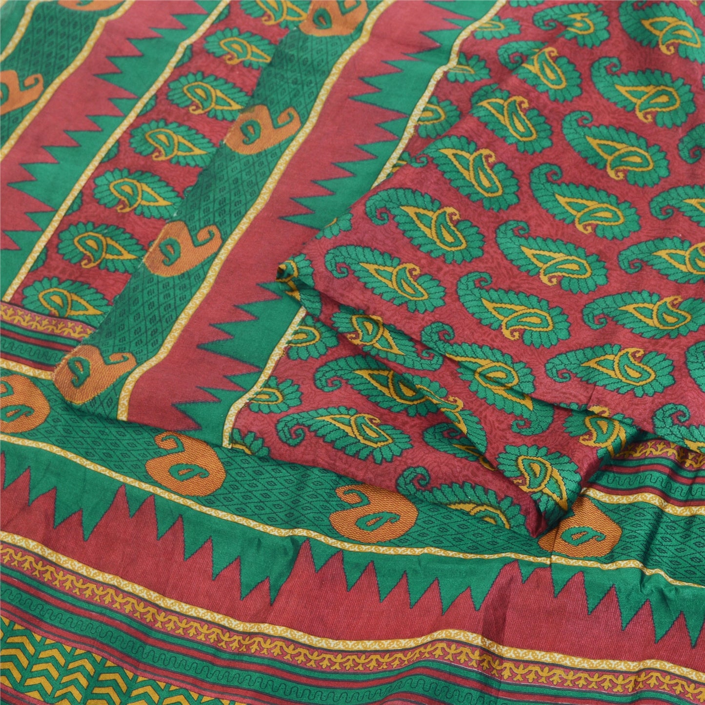 Sanskriti Vintage Sarees Red/Green 100% Pure Silk Printed Sari 5yd Craft Fabric