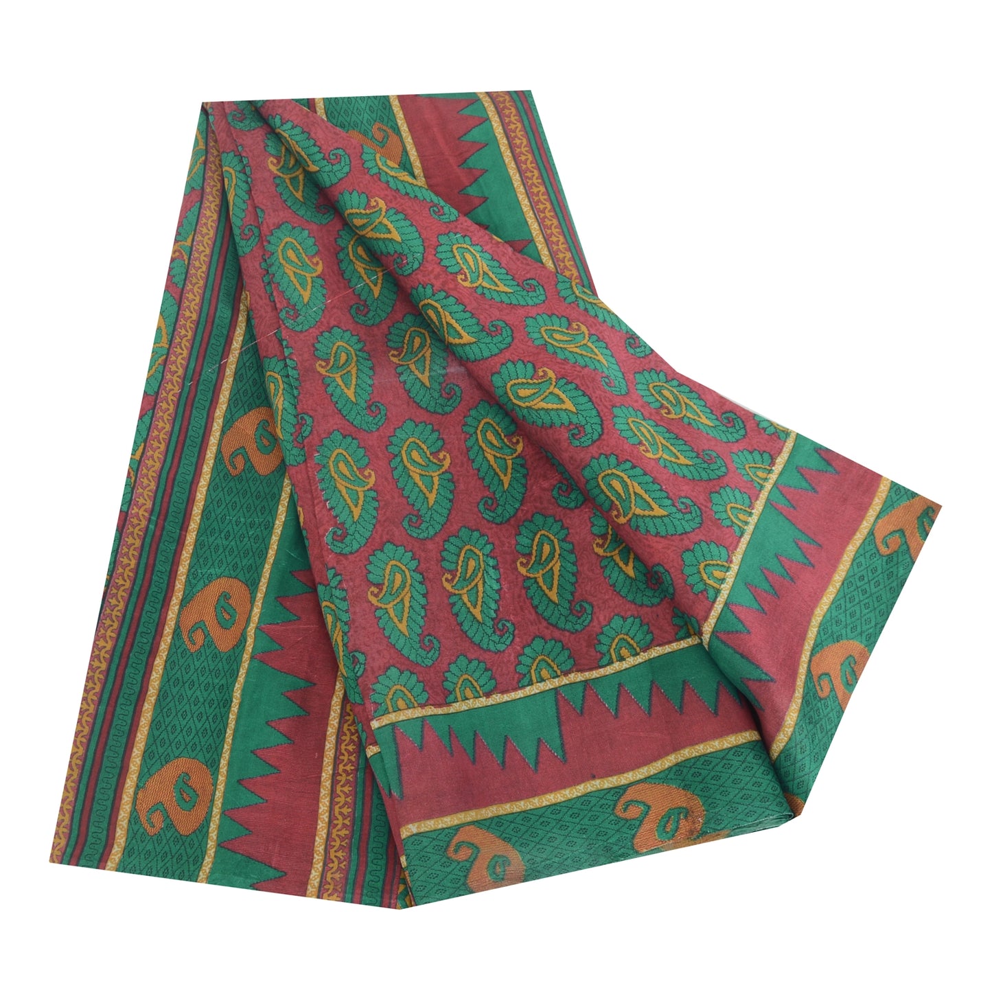 Sanskriti Vintage Sarees Red/Green 100% Pure Silk Printed Sari 5yd Craft Fabric