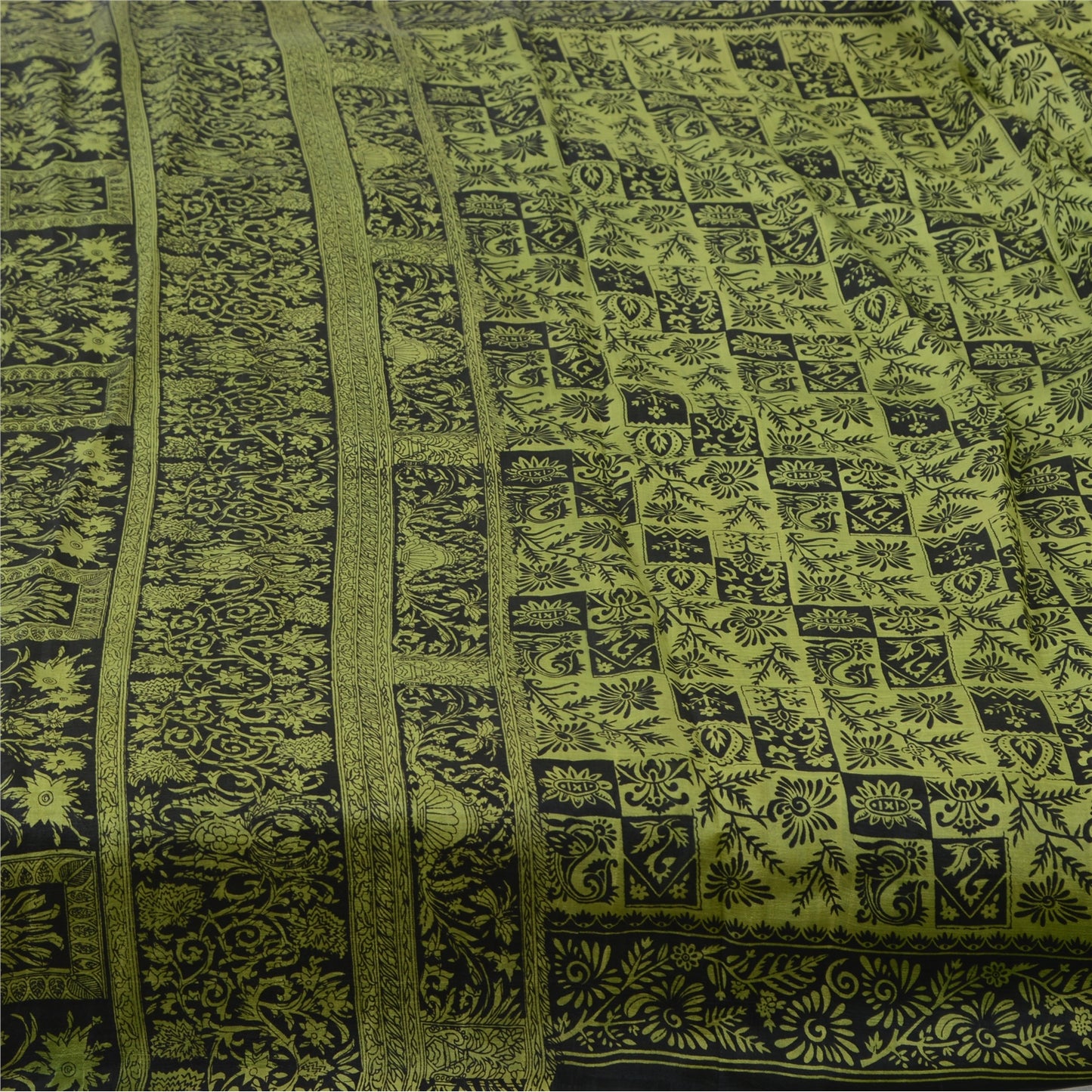 Sanskriti Vintage Sarees Green/Black Pure Silk Printed Sari 5yd Craft Fabric