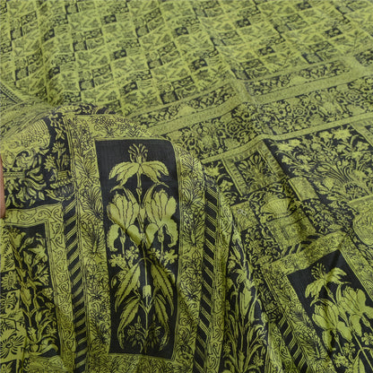 Sanskriti Vintage Sarees Green/Black Pure Silk Printed Sari 5yd Craft Fabric