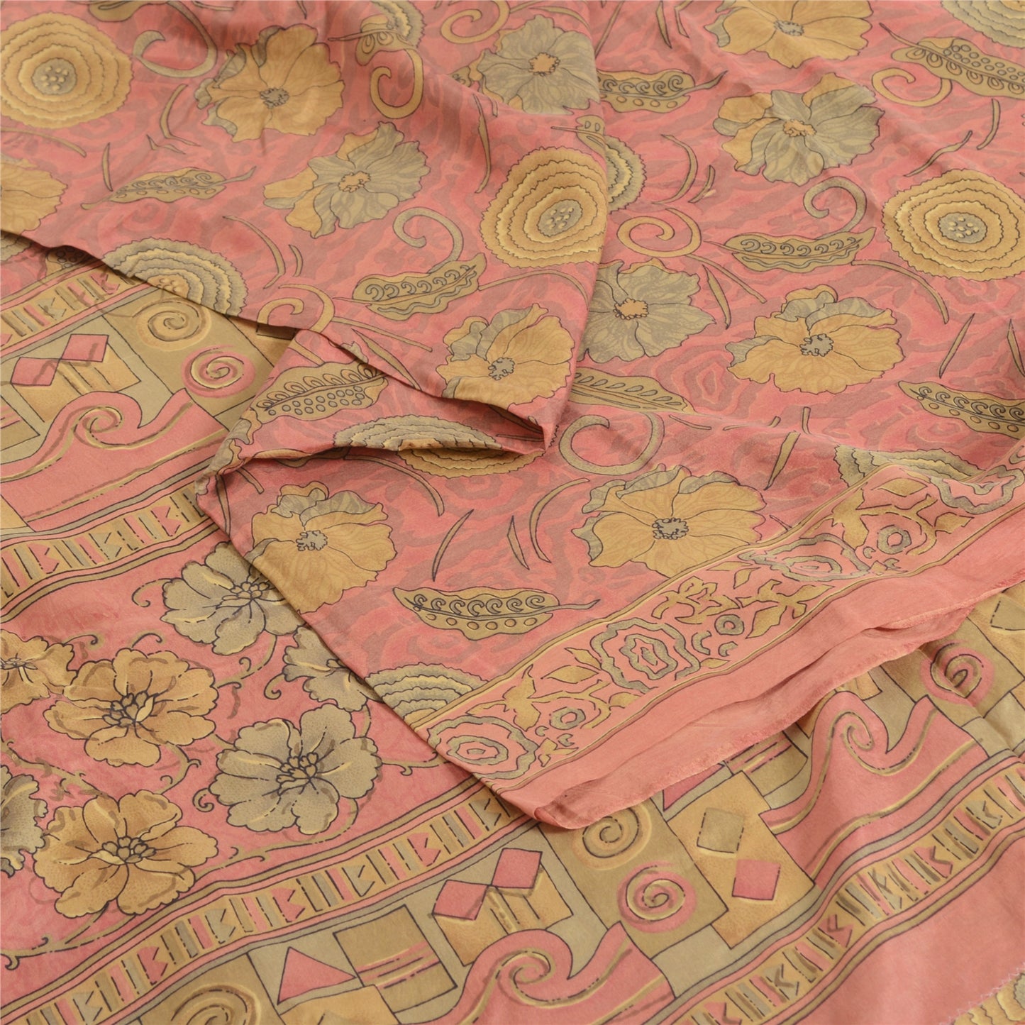 Sanskriti Vintage Sarees Dusty Pink Pure Silk Printed Sari 5yd Craft Fabric