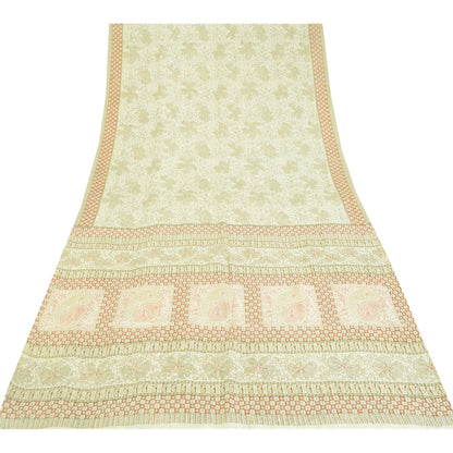 Sanskriti Vintage Sarees Ivory Indian Pure Silk Printed Sari 5yd Craft Fabric