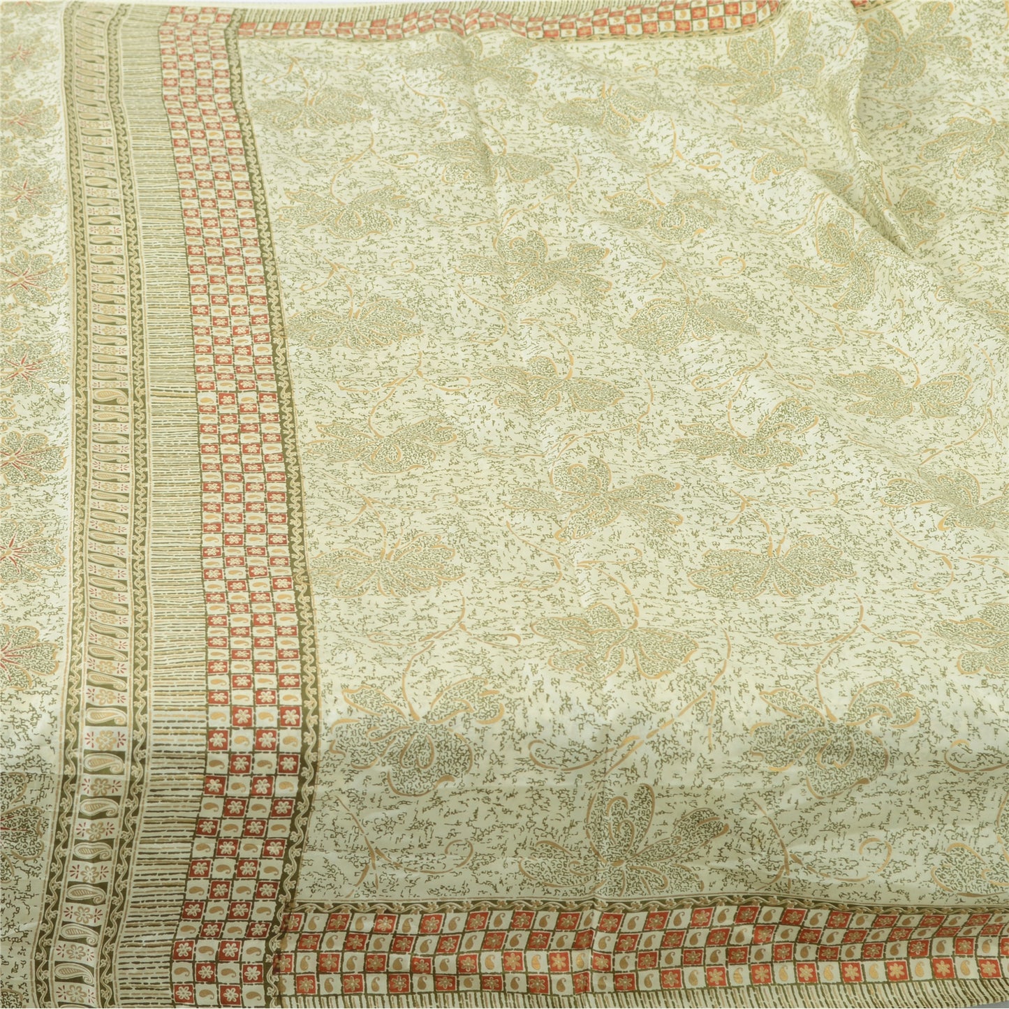 Sanskriti Vintage Sarees Ivory Indian Pure Silk Printed Sari 5yd Craft Fabric